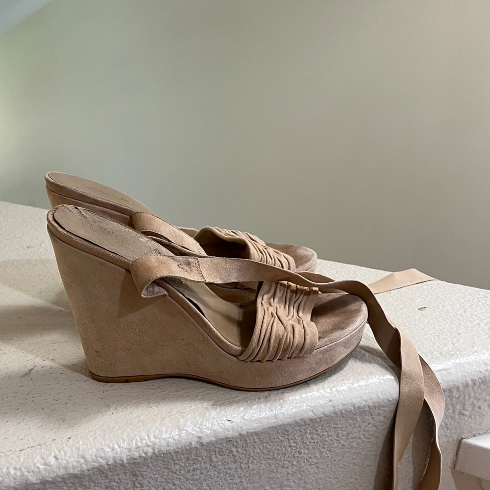 Stuart Weitzman Wedge platform Strappy Sandals Tan‎ Suede Leather Size 8